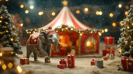 Fototapeta premium Festive circus-themed christmas scene with tent, elephant, and gifts
