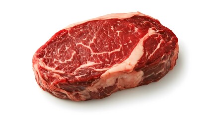 Fototapeta premium Realistic close-up of a raw ribeye steak with marbled fat on a white background, showcasing the rich red color and intricate marbling