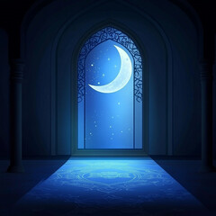 Islamic Realistic background with Moonlight blue shine through the window into a dark room