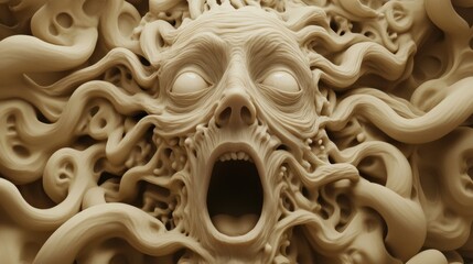 Surreal sculpture of a face with swirling tendrils and an open mouth, AI