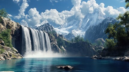 Fototapeta premium A powerful waterfall flowing into a deep blue lake, with snow-capped mountains in the distance