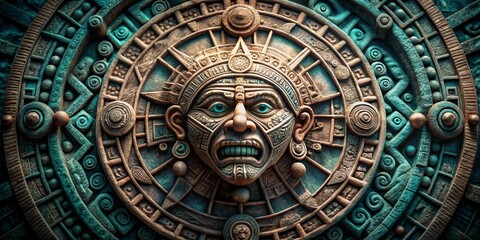 Obraz premium Ancient Mayan Deity Carved in Stone, Teal and Brown, Mythology, Ancient Art