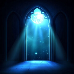 Islamic Realistic background with Moonlight blue shine through the window into a dark room