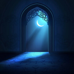 Islamic Realistic background with Moonlight blue shine through the window into a dark room