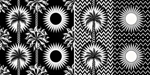 Black and White Palm Tree and Sun Geometric Pattern, Pattern, Geometric