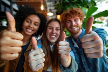 Diverse group supports company policy with thumbs up.