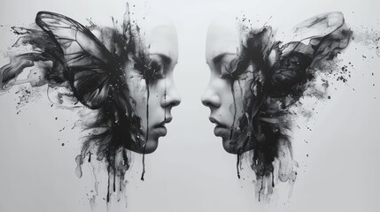 Tattoo design: One face is made into butterfly wings on the wings, and the other half of the wings are made up of demons. They are rendered with dark ink on a white background,