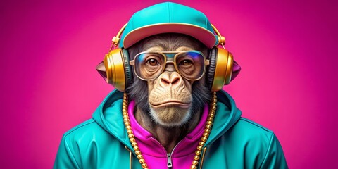 Chimpanzee in Blue and Gold, Digital Art, Rapper, Monkey ,digital art, rapper, monkey