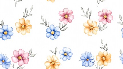 A vibrant floral pattern showcasing hand-painted flowers in pastel colors, set against a clean white background.