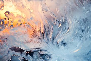 ice formation with golden sunset glow, intricate frost patterns, natural abstract art, icy...