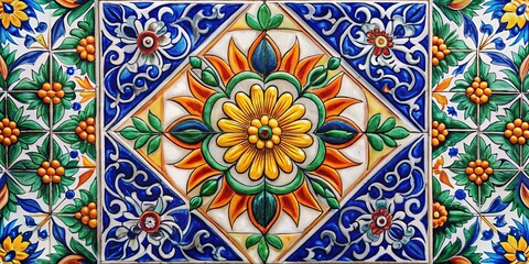 Colorful Floral Tile Pattern with Green and Blue Accents, Italian , Ceramic Tiles