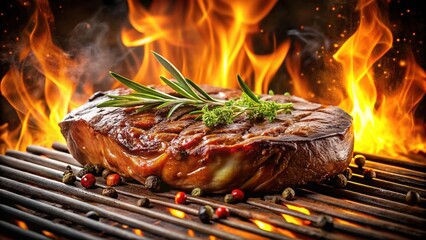Grilled Steak with Sauce Sizzling on Flames