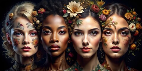 Obraz premium Floral Beauty Four Women with Flower Crowns and Makeup, beauty , portrait