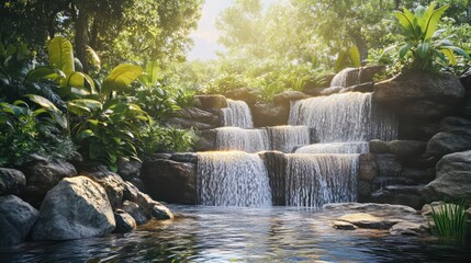 Naklejka premium A Small Waterfall Surrounded by Lush Greenery