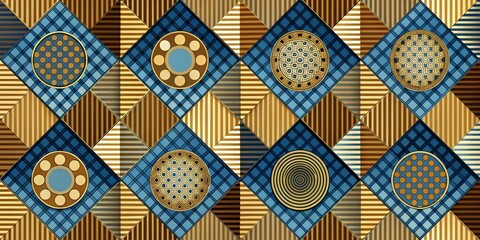 Geometric Abstract Pattern with Circular Designs, Blue and Gold Tones, Abstract, Geometric