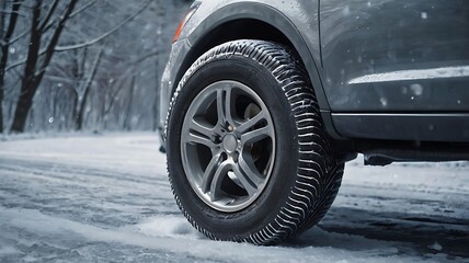 Naklejka premium Car tire on snow, in a winter scene, on an asphalt road or street, with ice and frost, driving in the cold season seasonal tire change.