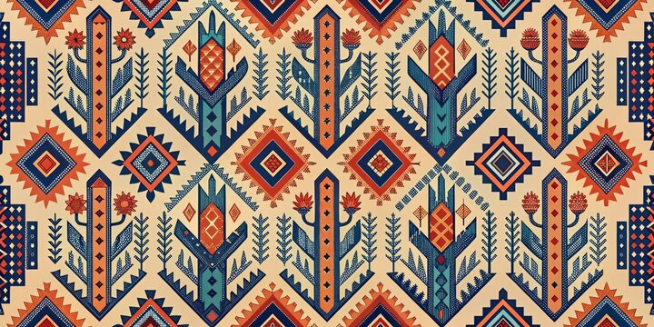 Geometric Southwest Pattern with Red Flowers, Geometric, Southwest