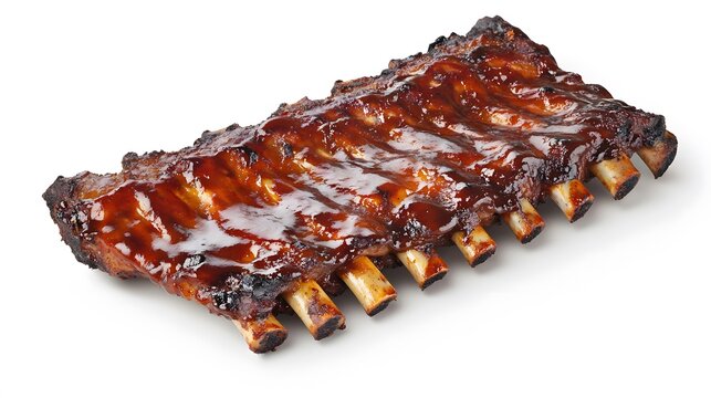 Realistic display of a rack of baby back ribs with a glossy barbecue glaze on a white background, highlighting the sticky, caramelized surface and tender meat