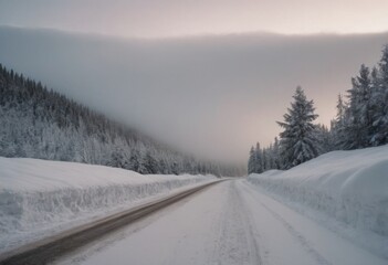 Snowy winter road through the mountains.