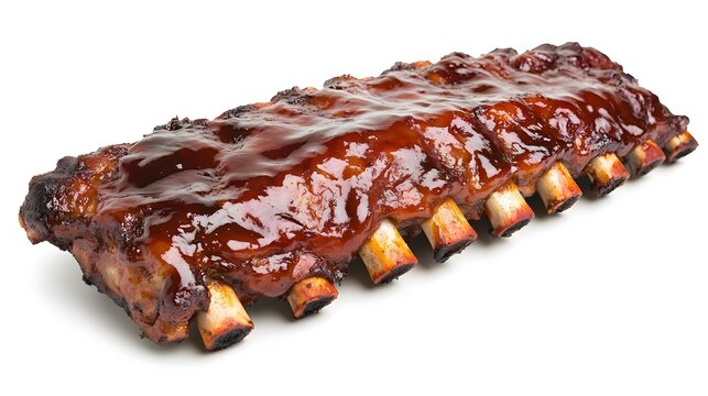 Realistic display of a rack of baby back ribs with a glossy barbecue glaze on a white background, highlighting the sticky, caramelized surface and tender meat