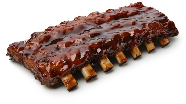 Realistic display of a rack of baby back ribs with a glossy barbecue glaze on a white background, highlighting the sticky, caramelized surface and tender meat