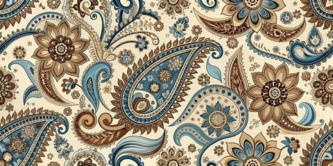 Intricate Floral Paisley Pattern with Blue and Brown Tones, Seamless Design, Digital Art , paisley, pattern