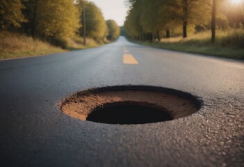 A hole in the asphalt on the road in the middle of the forest