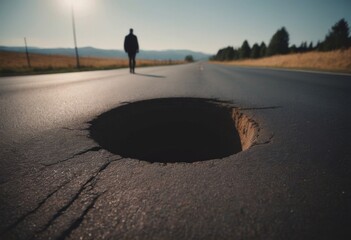 A man looking at a hole in the middle of the road.