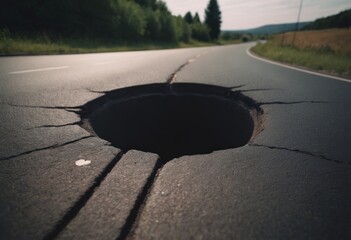 damaged asphalt road with a hole in the middle, retro style