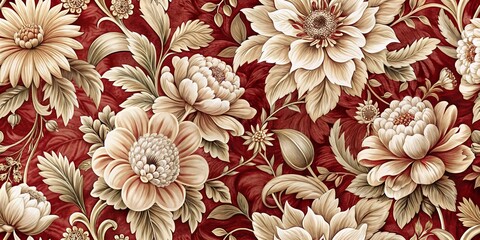 Ornate Floral Pattern with Beige Flowers on Red Background, floral pattern, wallpaper design