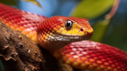 Obraz premium Close-Up of a Red and Yellow Snake on a Branch