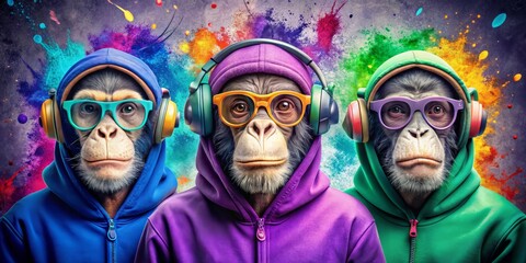 Obraz premium Three Monkeys in Hoodies with Headphones and Colorful Background, Hipster , Monkey Art