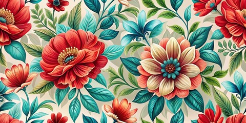 Vibrant Floral Tapestry with Red and Beige Blooms, Lush Green and Teal Leaves, Seamless Pattern, Floral Design, Botanical Art, Floral Pattern, Textile Design