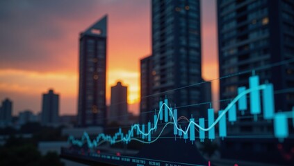 Line graph overlapping cityscape silhouette Finance-related
