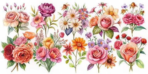 Watercolor Floral Bouquet of Roses and Wildflowers, floral , botanical