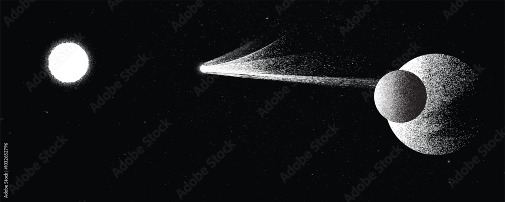 Poster star and comet tail in outer space. futuristic landscape, with noise texture . space landscape with 
