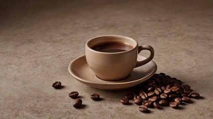 Fototapeta premium A Steaming Cup A Beautifully Cup of coffee and beans Boden Ooh on a Rustic Background