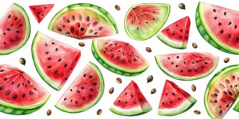Watercolor Illustration of Juicy Watermelon Slices, Summer Fruit, Refreshing Treat, Watermelon, Summer Fruit