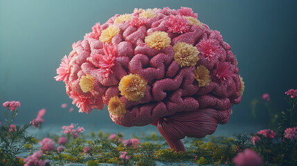 brain shaped like flowers, symbolizing creativity and growth, set against a soft, empty background that emphasizes the beauty of thought and the potential of ideas