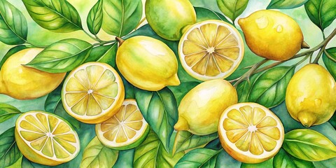 Watercolor Illustration of Lemons and Leaves, Botanical , Citrus