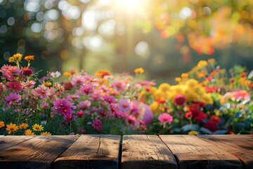 A wooden table in front of a field of flowers