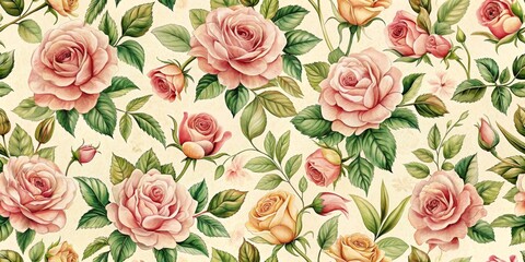 Watercolor Rose Pattern with Green Leaves and Beige Background, floral, wallpaper