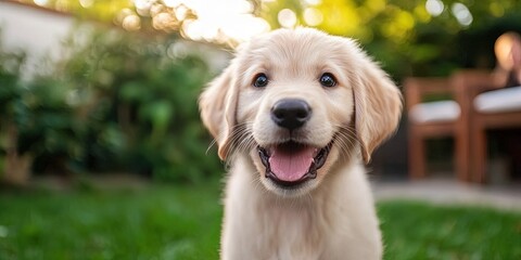 happy puppy in backyard