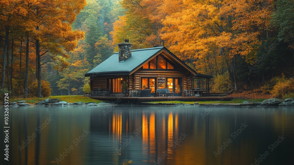 Poster the log cabin stands peacefully by a lake, surrounded by trees in brilliant autumn colors. its warm 