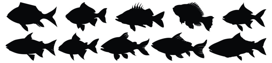 Fish silhouettes set, aquatic pack of vector silhouette design, isolated background