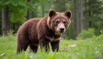 Fototapeta premium Brown bear looking curiously in the forest with a natural background