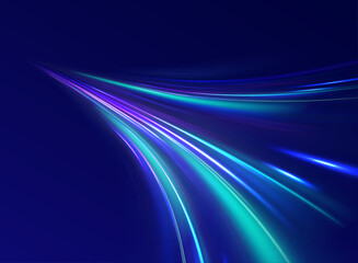 Abstract fast moving glowing neon particle created blue light curve line motion, digital futuristic internet data speed. Expressway, the effect of car headlights. Low-poly construction of fine lines.