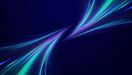 Abstract fast moving glowing neon particle created blue light curve line motion, digital futuristic internet data speed. Expressway, the effect of car headlights. Low-poly construction of fine lines.