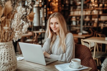 Fototapeta premium Portrait of young woman with long blonde hair sitting in the cafe and working on her silver laptop. She is looking into the camera and smiling. Cup of coffee and documents on the wooden table. Cozy. 