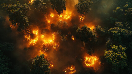 Top view of jungle on fire, big trees on fire, climate change